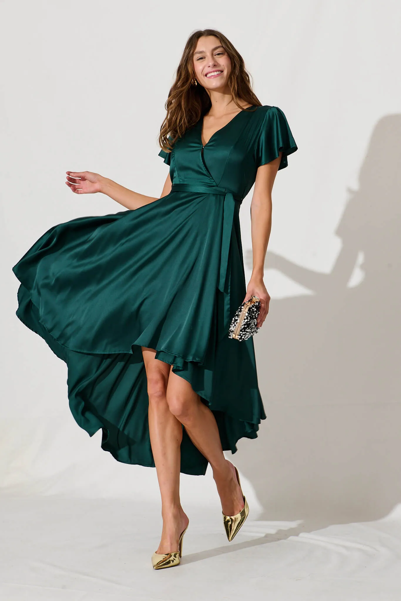 Loulou Maxi Dress In Emerald Satin sold by St Frock