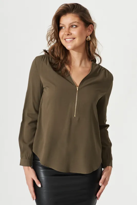 Emerson Zip Top In Khaki sold by St Frock
