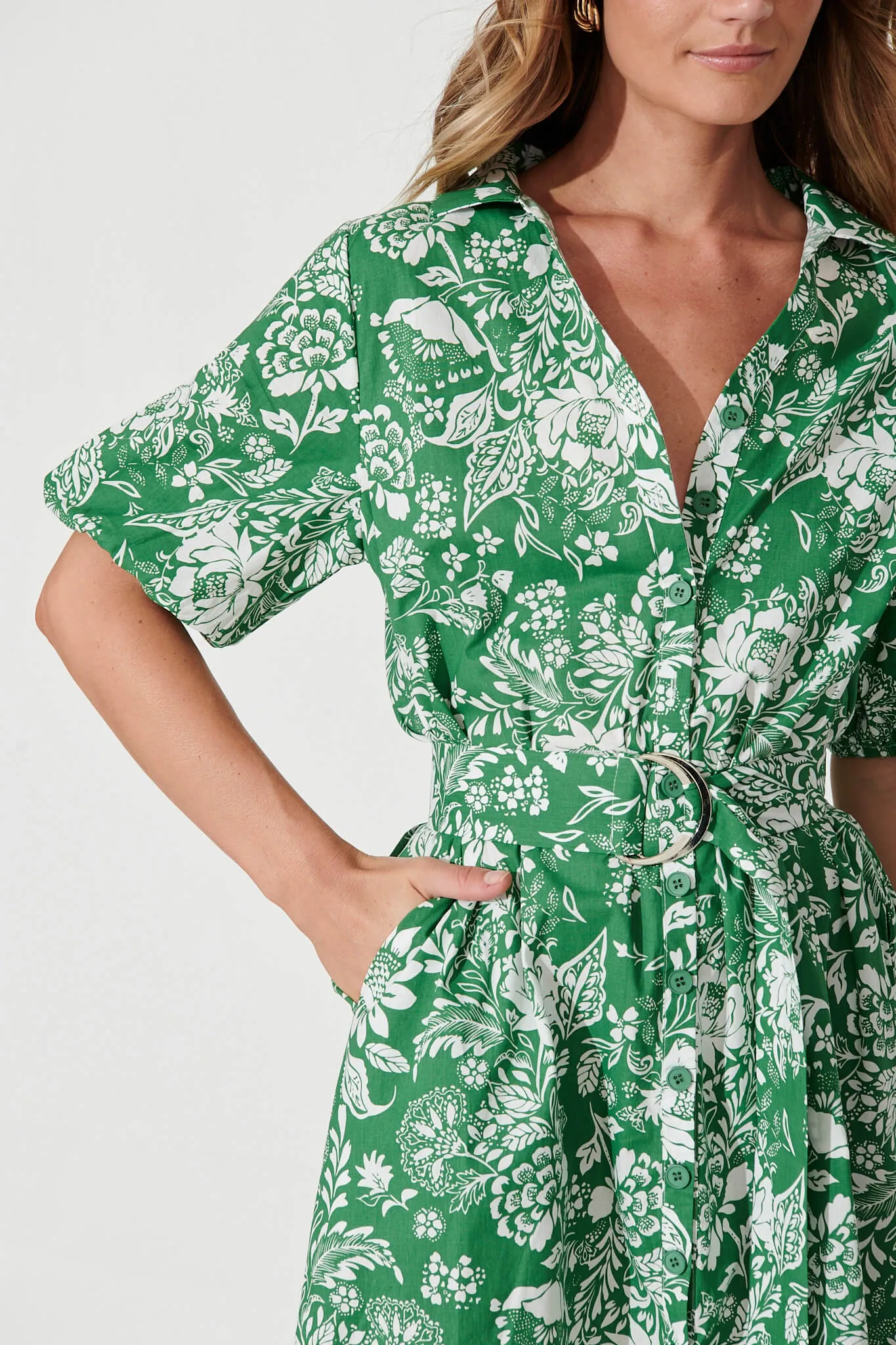 March Midi Shirt Dress In Green And White Floral Cotton sold by St Frock product image thumbnail 5