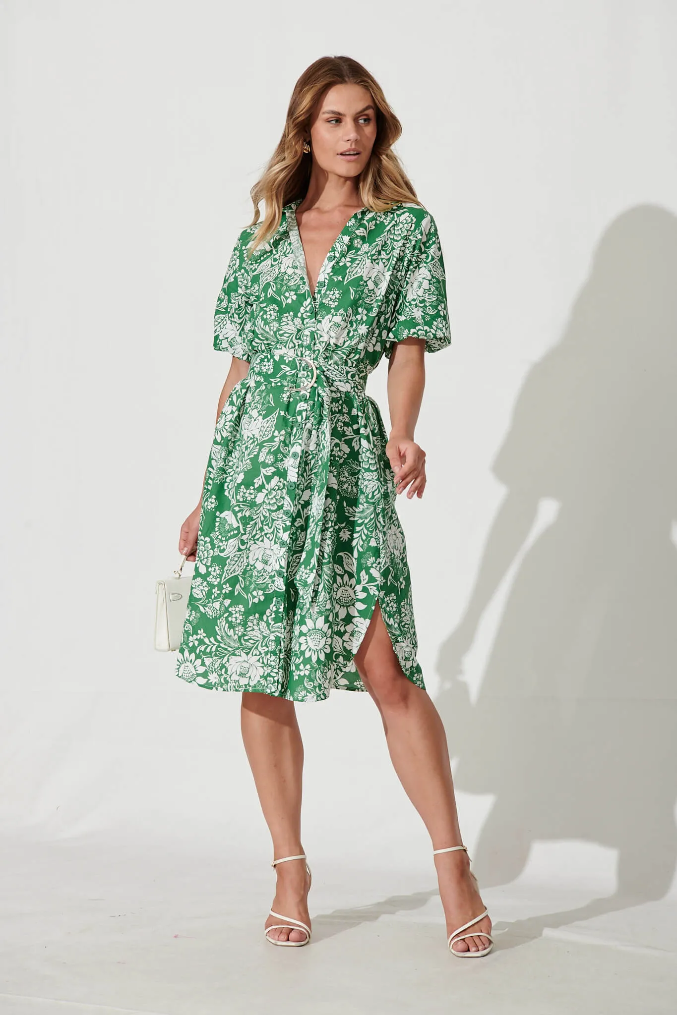 March Midi Shirt Dress In Green And White Floral Cotton sold by St Frock