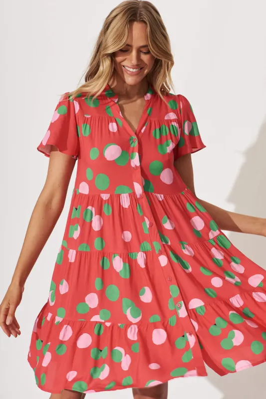 Saldana Smock Dress In Red With Green Spot Print sold by St Frock