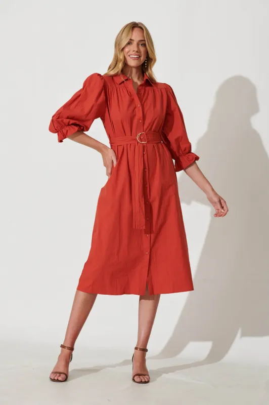 Sicilian Midi Shirt Dress In Rust Cotton sold by St Frock