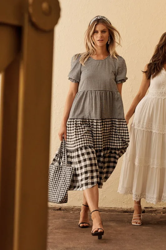 Nevi Tiered Midi Dress In Black Multi Gingham sold by St Frock