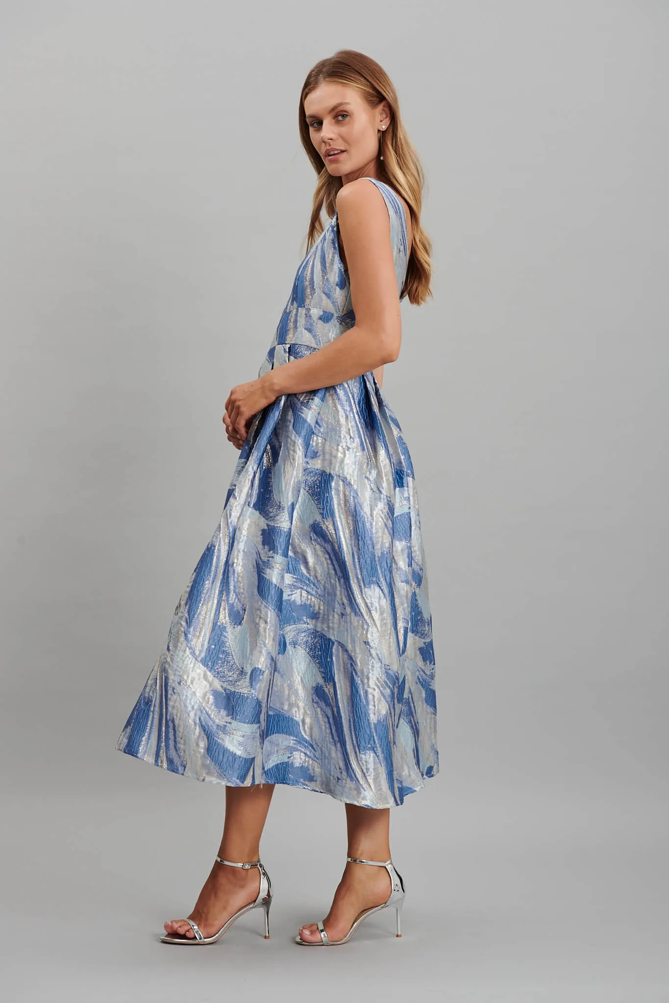 Alexandra Midi Dress In Blue And Gold Jacquard sold by St Frock product image thumbnail 3