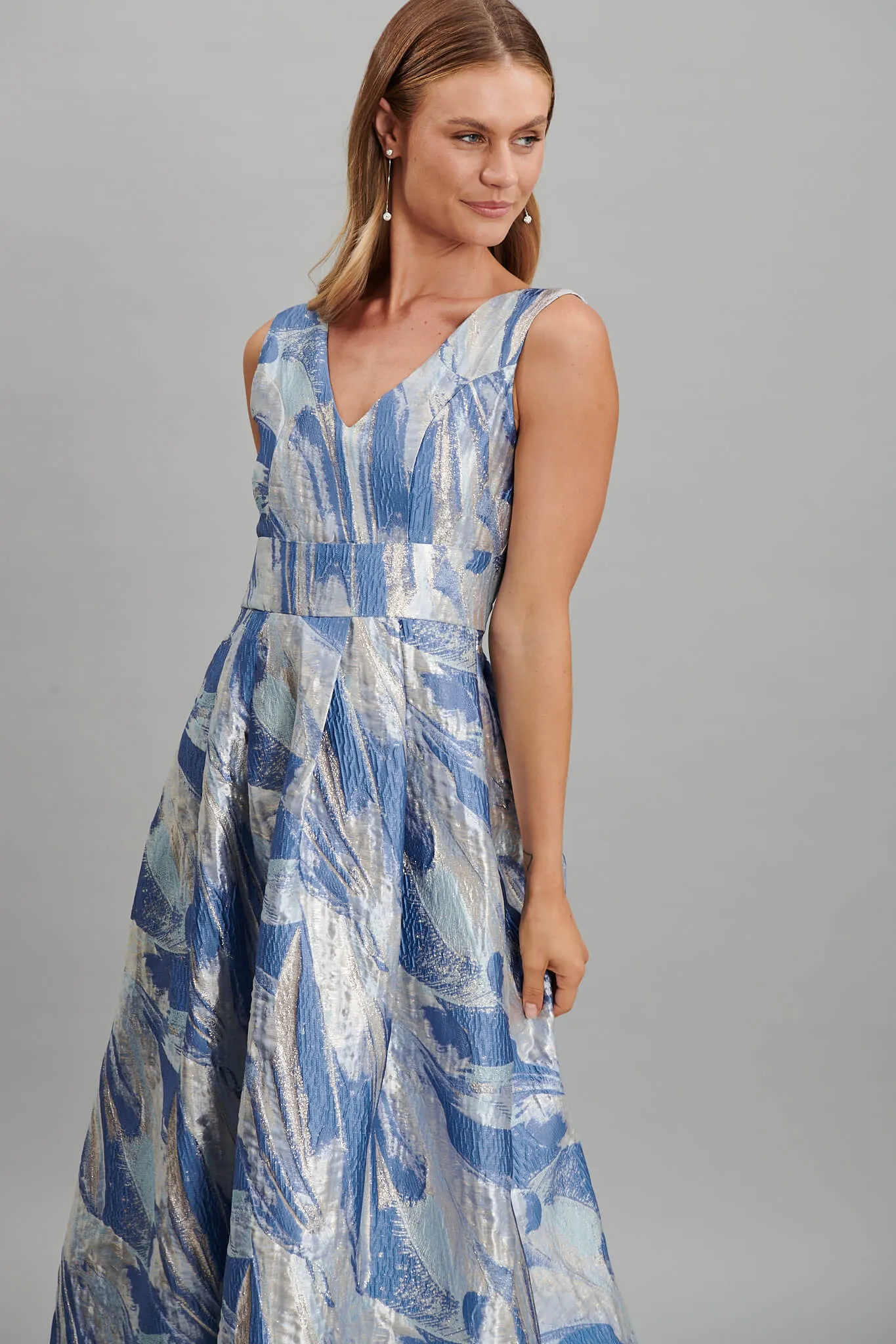 Alexandra Midi Dress In Blue And Gold Jacquard sold by St Frock product image thumbnail 2