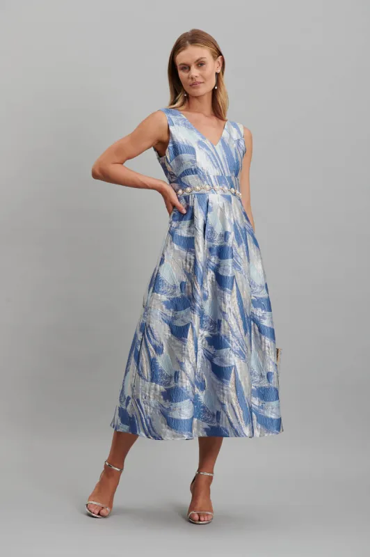 Alexandra Midi Dress In Blue And Gold Jacquard sold by St Frock