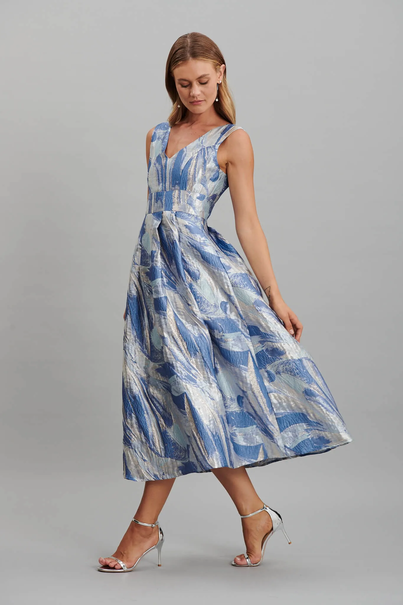Alexandra Midi Dress In Blue And Gold Jacquard sold by St Frock product image thumbnail 5