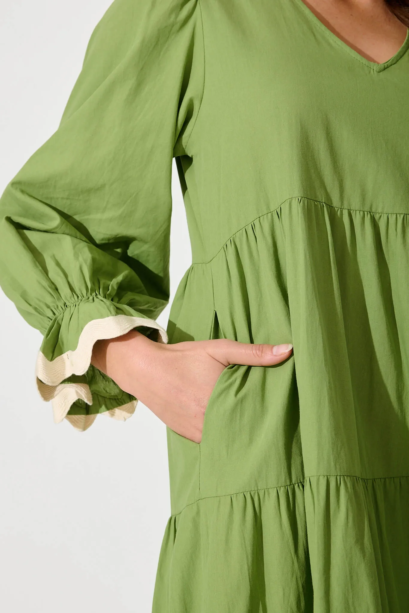 Ramona Midi Smock Dress In Green Cotton With Ric Rac Trim sold by St Frock product image thumbnail 5