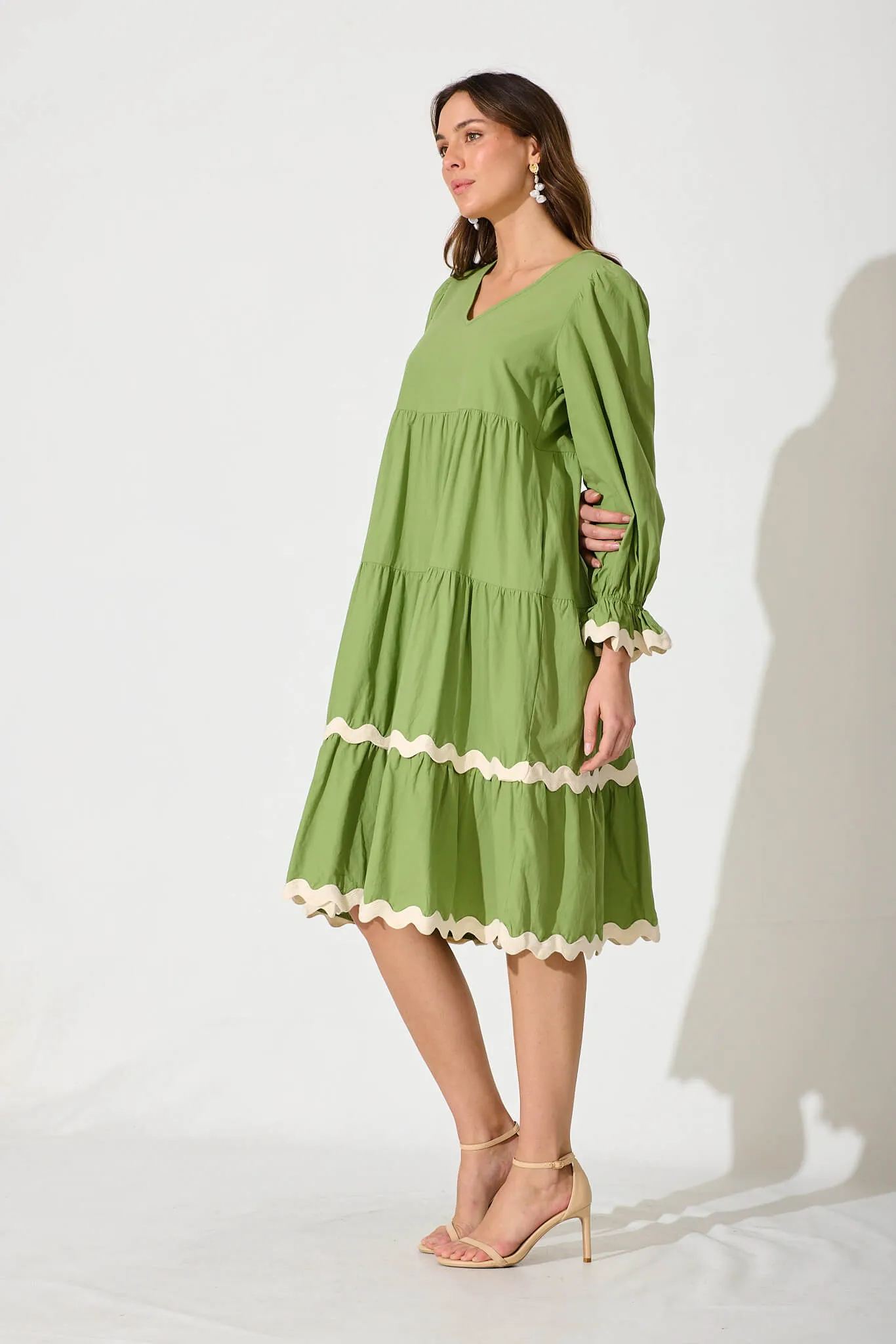 Ramona Midi Smock Dress In Green Cotton With Ric Rac Trim sold by St Frock product image thumbnail 3