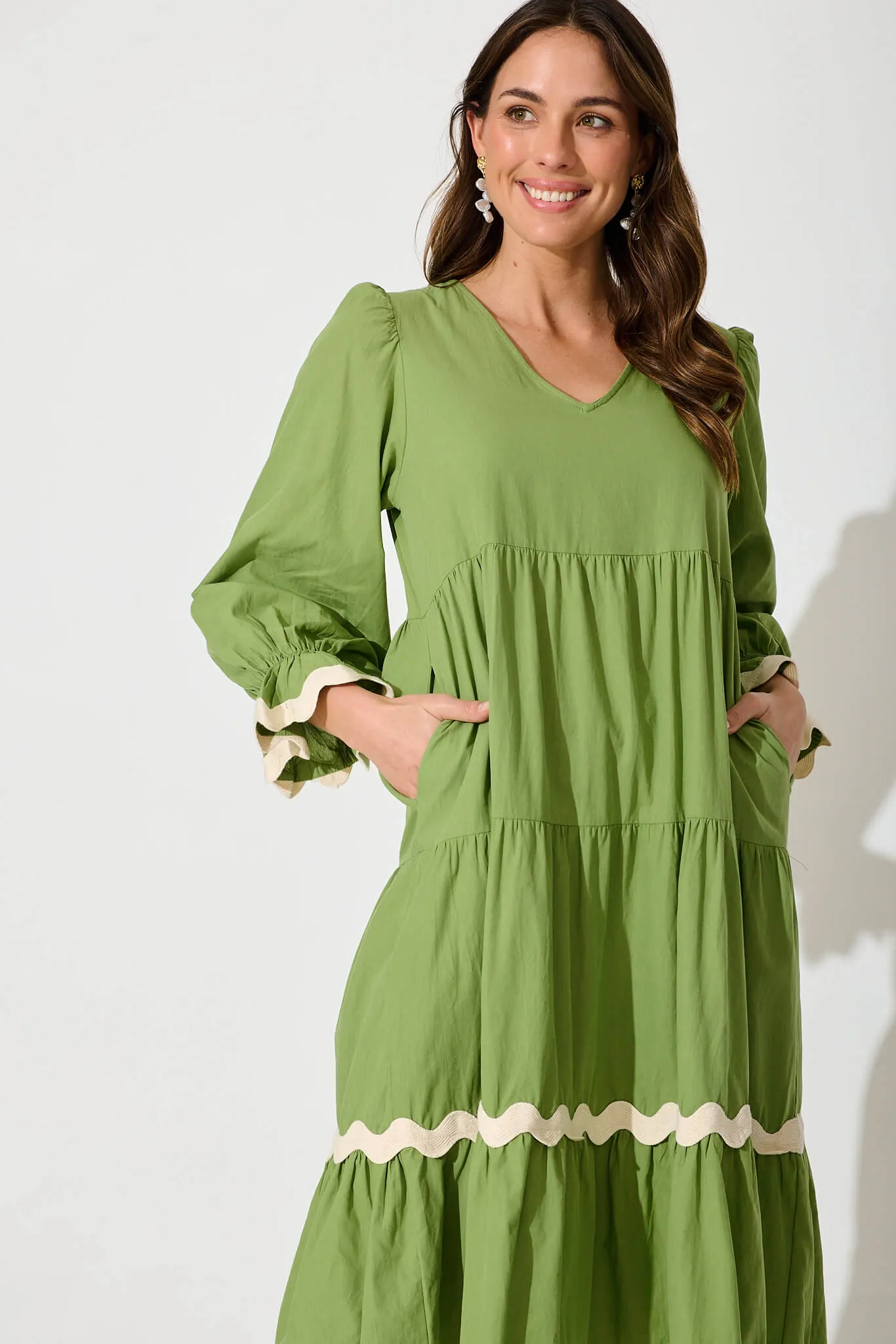 Ramona Midi Smock Dress In Green Cotton With Ric Rac Trim sold by St Frock product image thumbnail 2