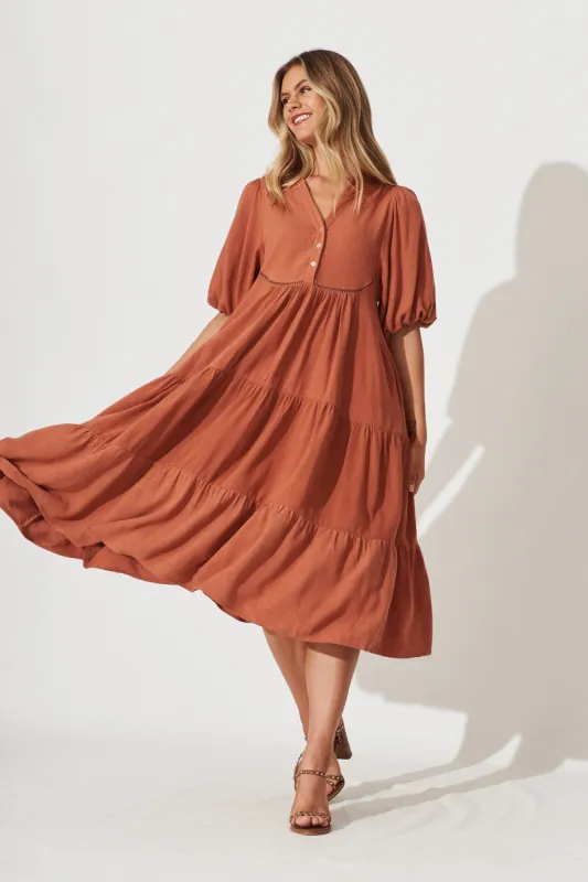 Nantes Midi Smock Dress In Rust Linen Blend sold by St Frock