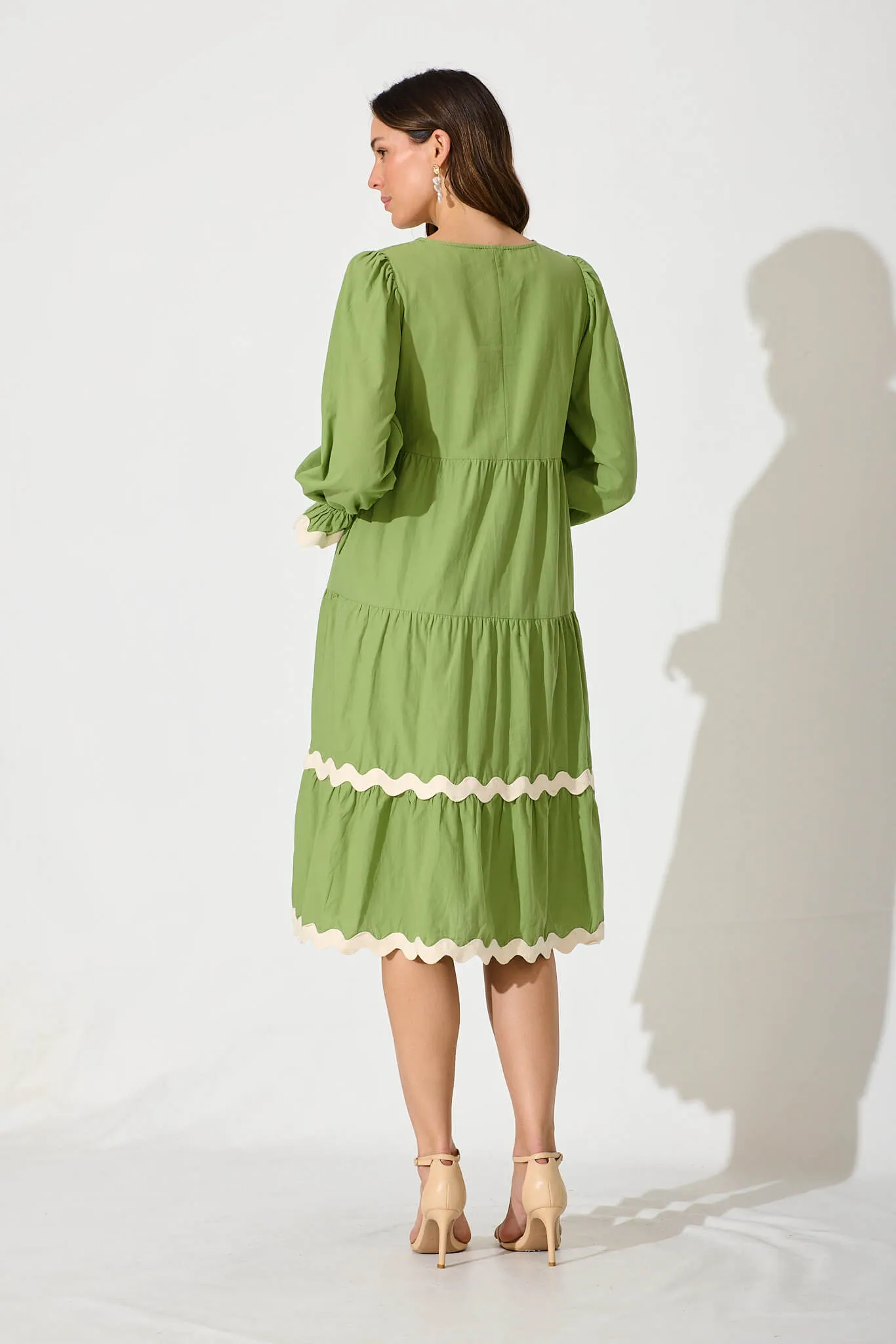 Ramona Midi Smock Dress In Green Cotton With Ric Rac Trim sold by St Frock product image thumbnail 4