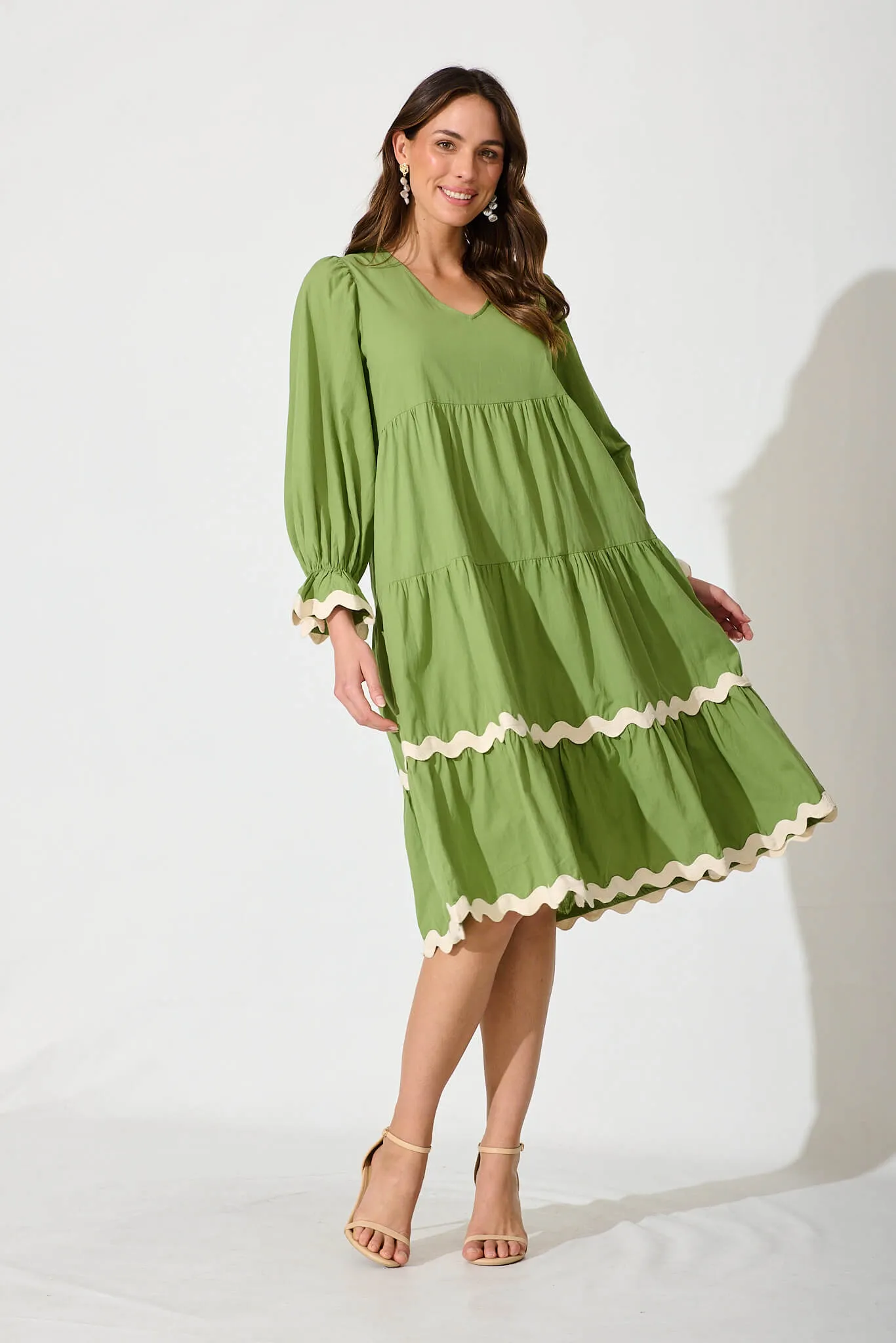 Ramona Midi Smock Dress In Green Cotton With Ric Rac Trim sold by St Frock