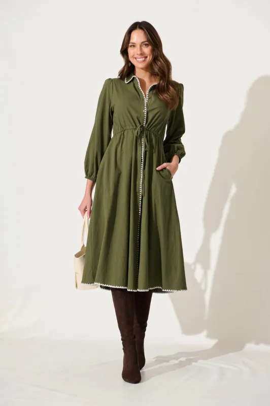 Lovers Lane Midi Shirt Dress In Khaki Cotton sold by St Frock