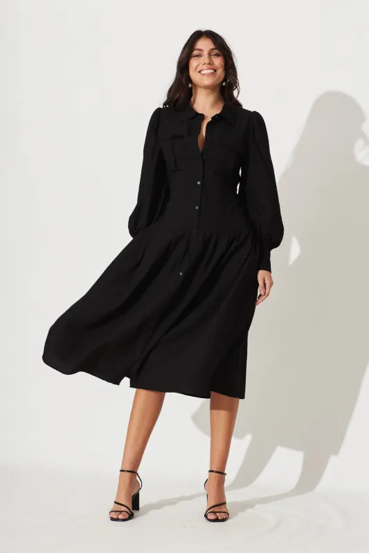 Benita Midi Shirt Dress In Black Cotton Blend sold by St Frock