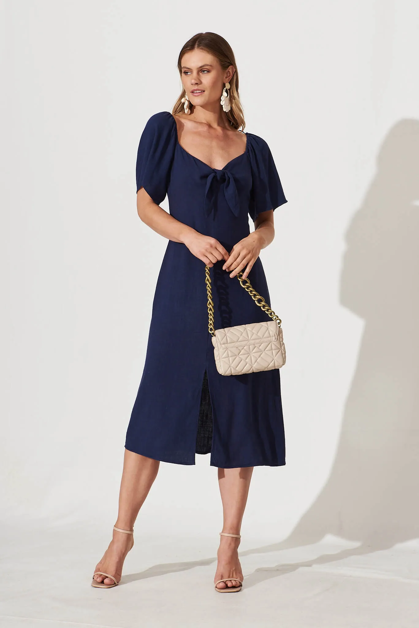 Claudia Midi Dress In Navy Linen sold by St Frock