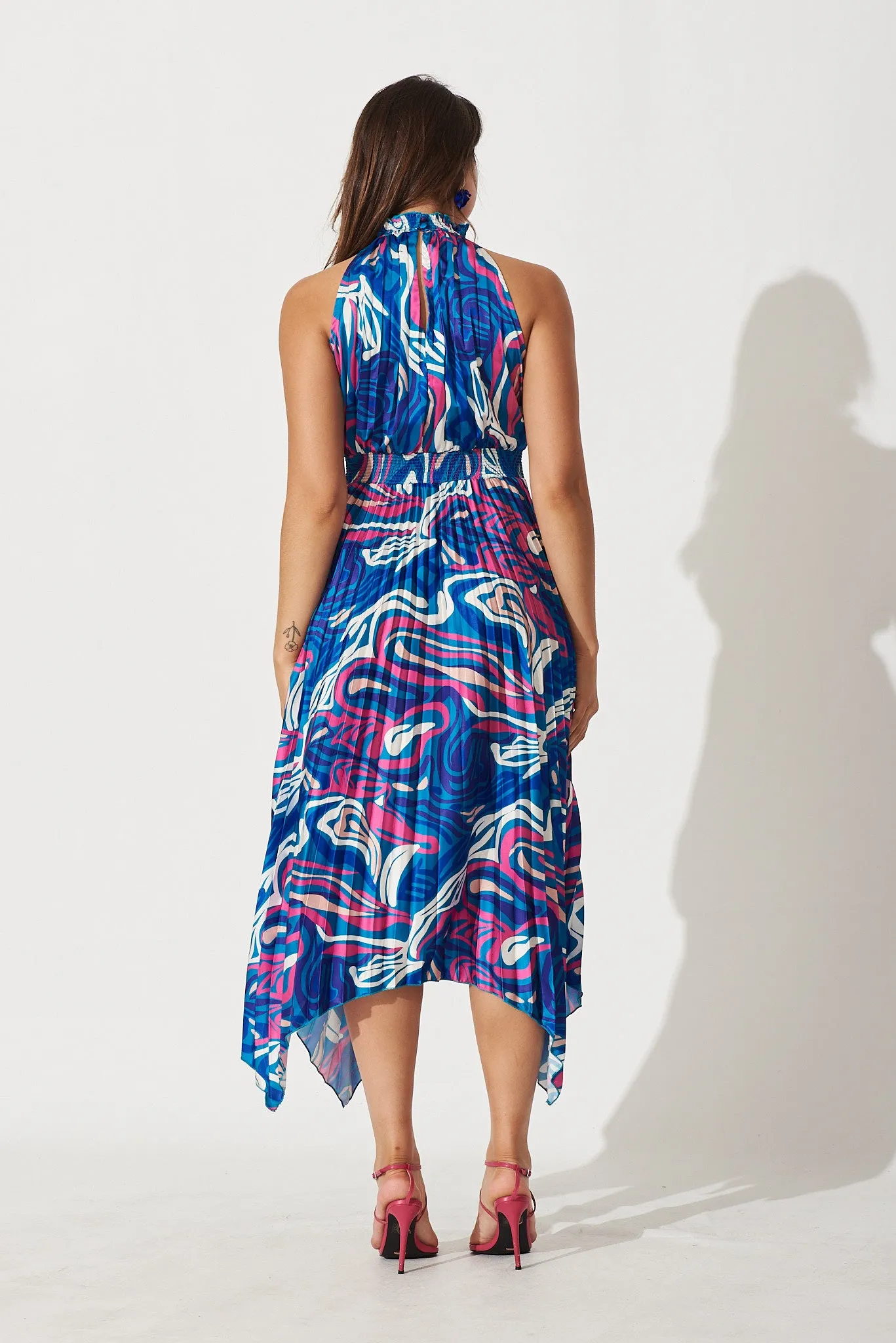 Lilo Maxi Dress In Blue With Pink Swirl Print Pleated Satin sold by St Frock product image thumbnail 4