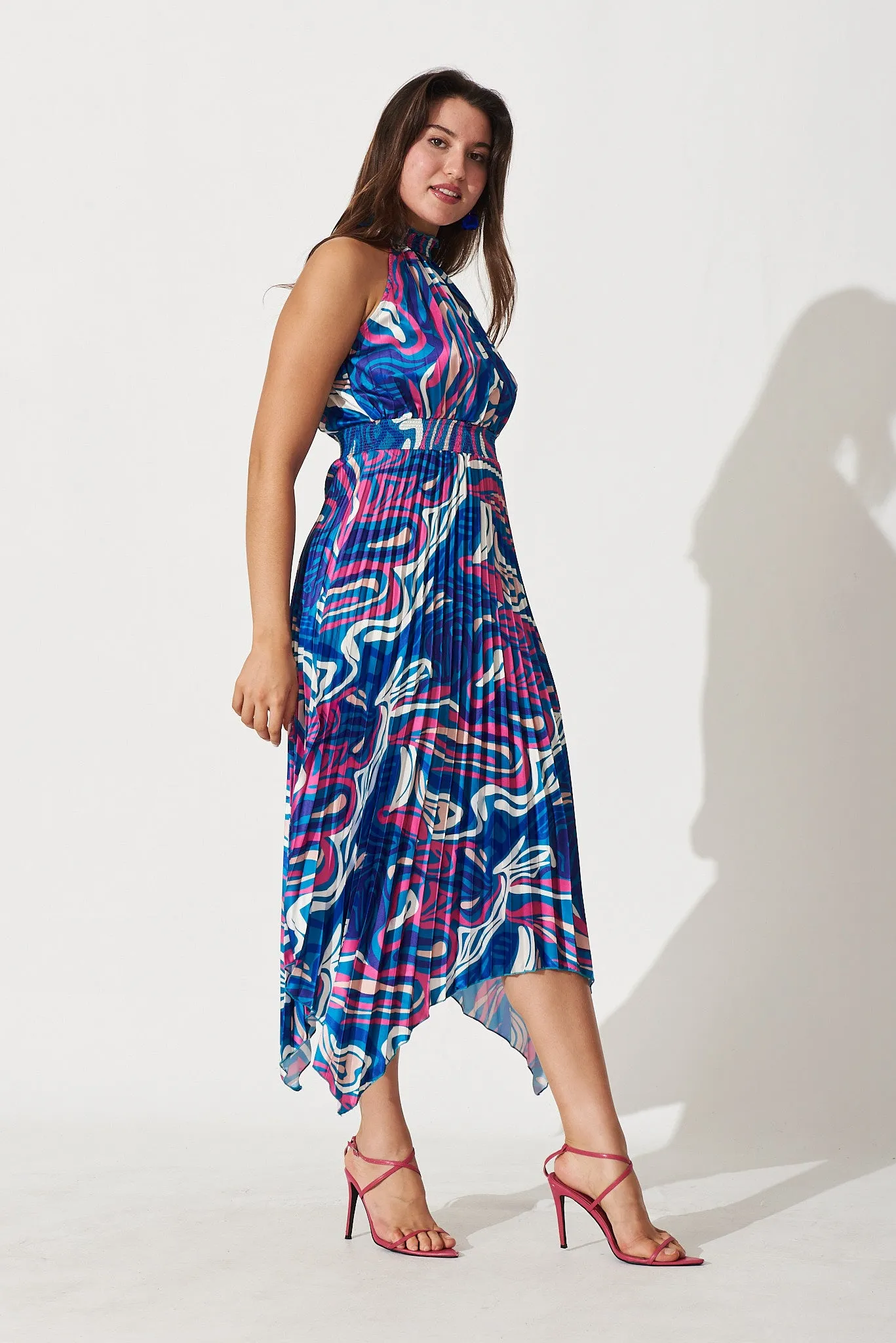 Lilo Maxi Dress In Blue With Pink Swirl Print Pleated Satin sold by St Frock product image thumbnail 3