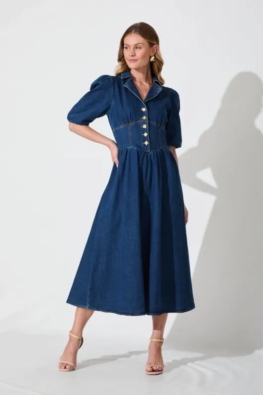 Roselyn Maxi Dress In Dark Blue Denim sold by St Frock