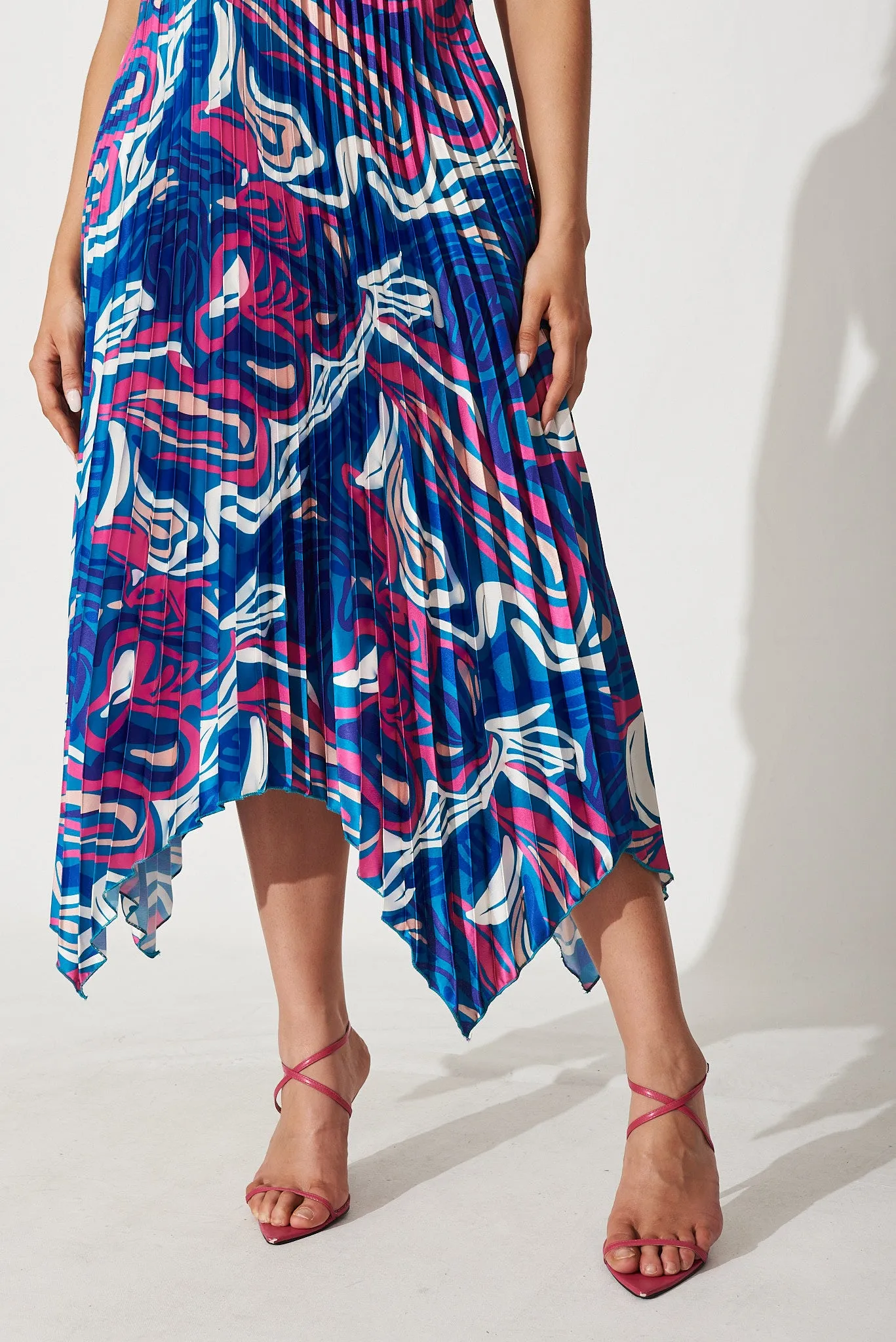 Lilo Maxi Dress In Blue With Pink Swirl Print Pleated Satin sold by St Frock product image thumbnail 5