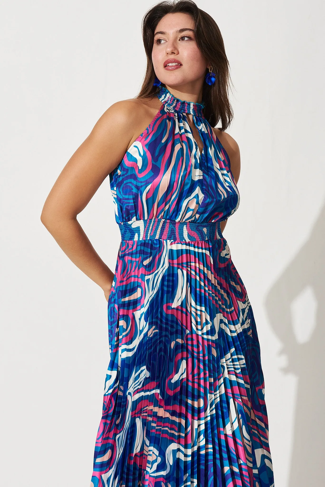Lilo Maxi Dress In Blue With Pink Swirl Print Pleated Satin sold by St Frock product image thumbnail 2