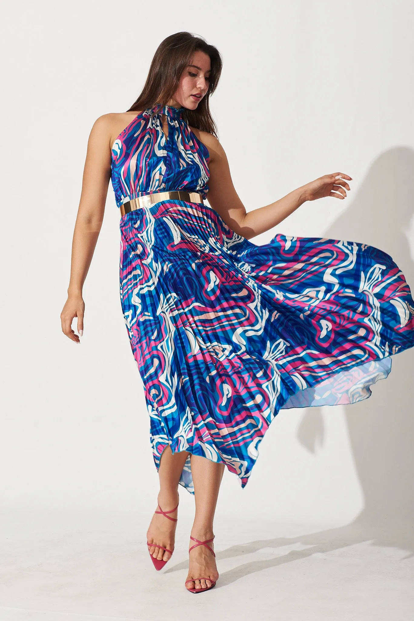 Lilo Maxi Dress In Blue With Pink Swirl Print Pleated Satin sold by St Frock