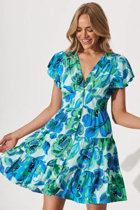 Lovina Dress In Blue With Green Floral sold by St Frock
