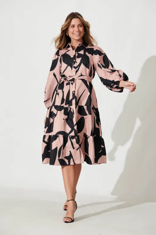 Malone Midi Shirt Dress In Mocha With Black Print sold by St Frock