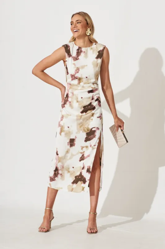 Wonderful World Maxi Dress In Cream With Purple Watercolour Satin sold by St Frock