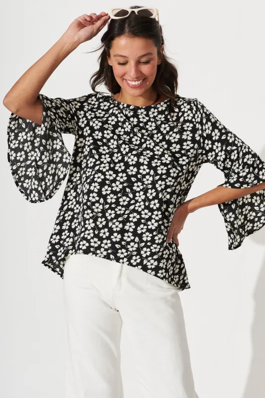 Nila Top In Black With White Floral Print sold by St Frock