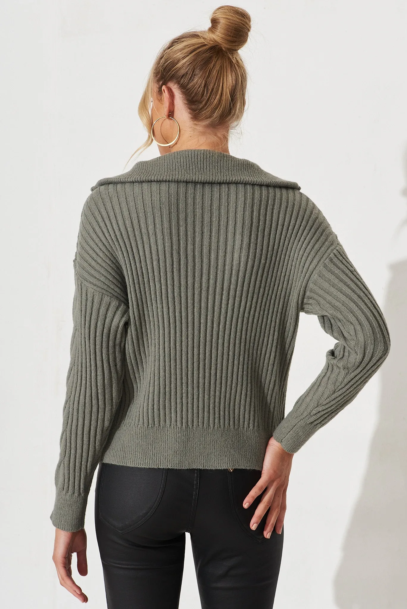 Upney Zip Cable Knit In Khaki Wool Blend sold by St Frock product image thumbnail 4