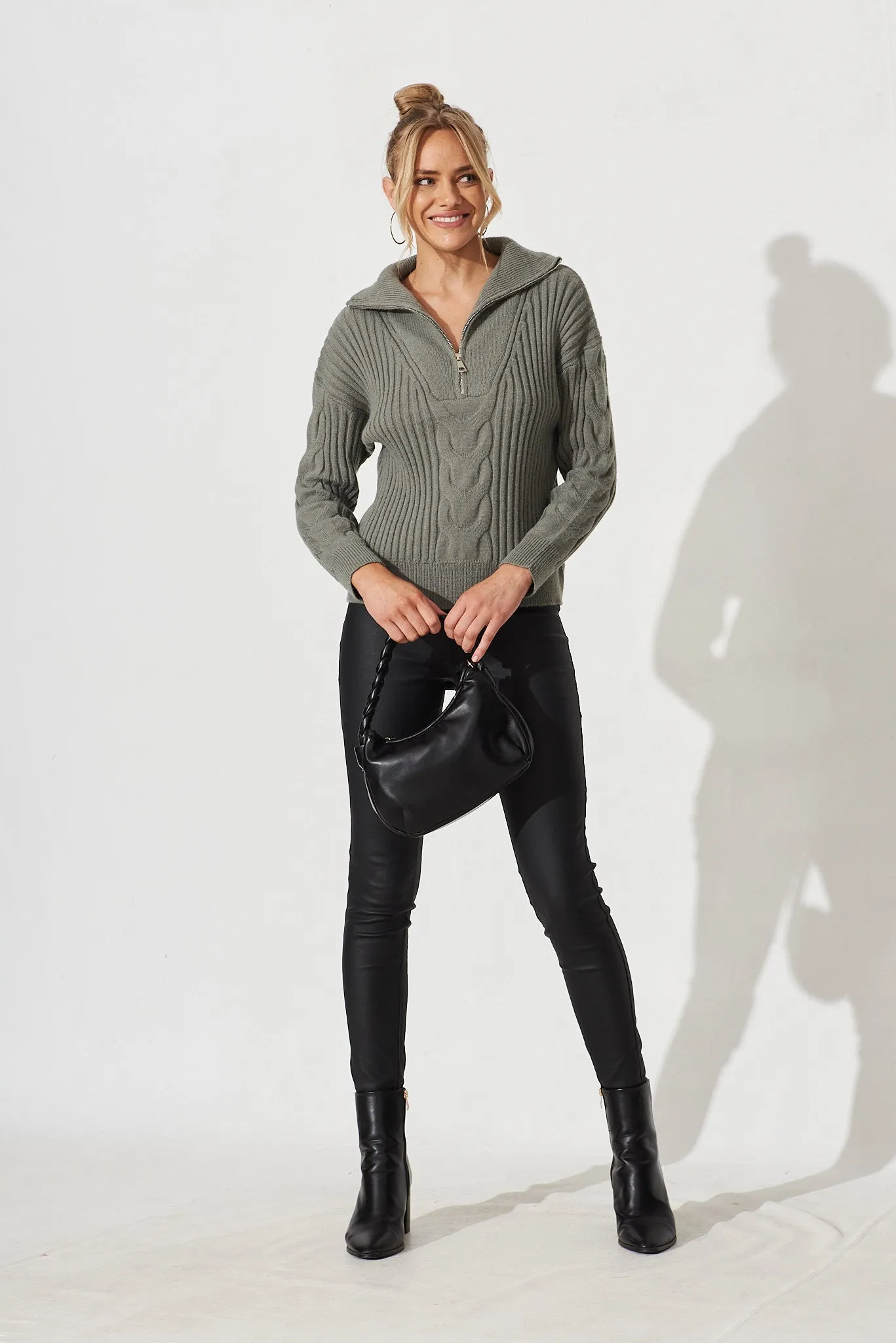 Upney Zip Cable Knit In Khaki Wool Blend sold by St Frock