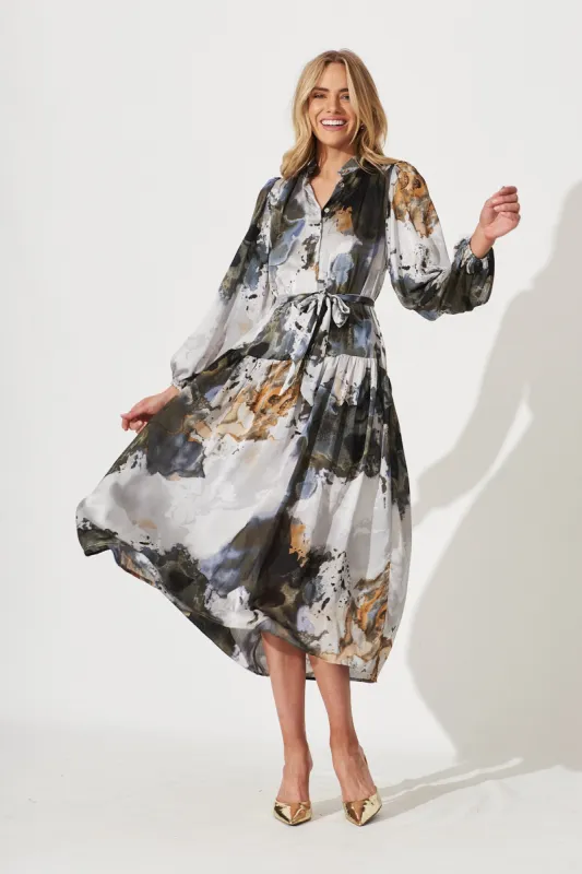 Pippa Maxi Dress In Charcoal With Gold Print Chiffon sold by St Frock