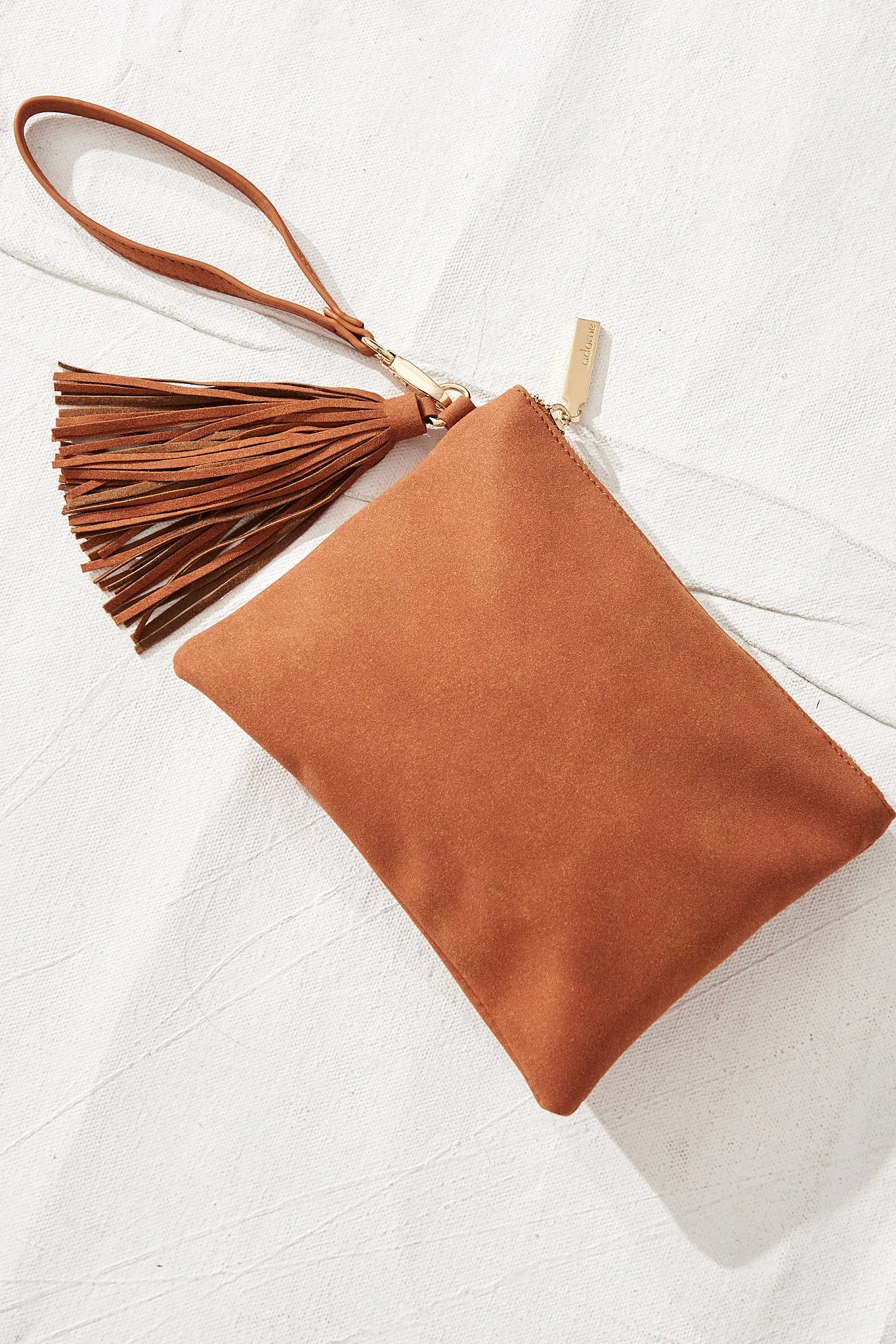 august + delilah Elithe Clutch in Tan Suede sold by St Frock