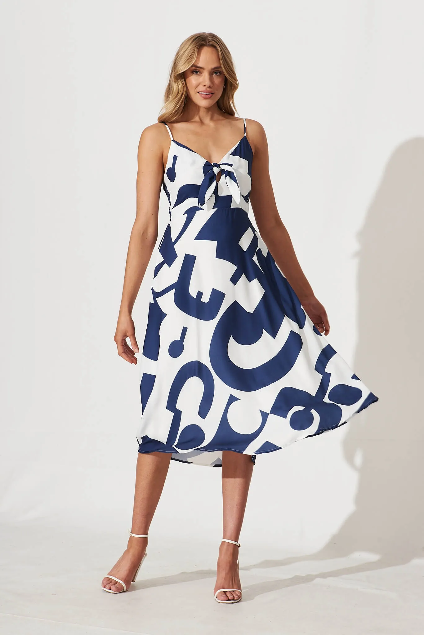 Cordelia Midi Sundress In White With Navy Swirl Linen Blend sold by St Frock