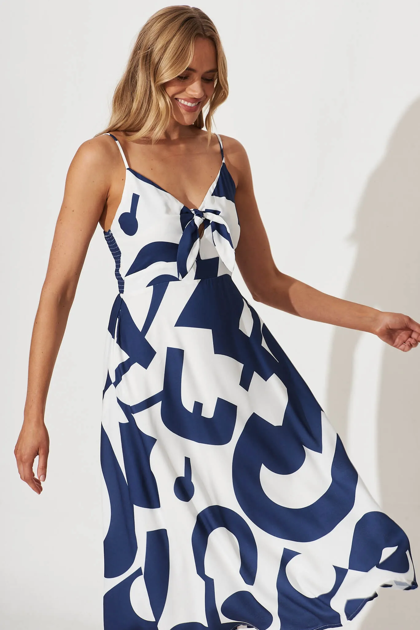 Cordelia Midi Sundress In White With Navy Swirl Linen Blend sold by St Frock product image thumbnail 2