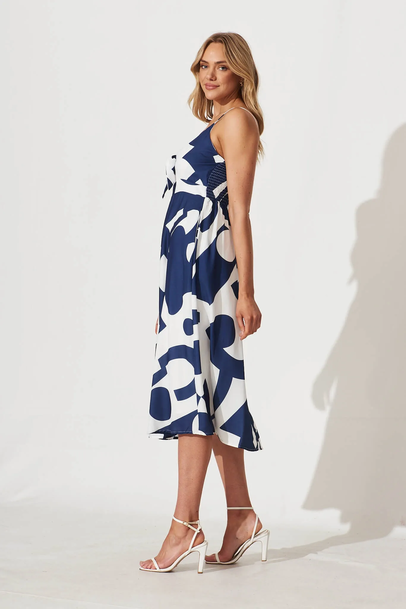 Cordelia Midi Sundress In White With Navy Swirl Linen Blend sold by St Frock product image thumbnail 3