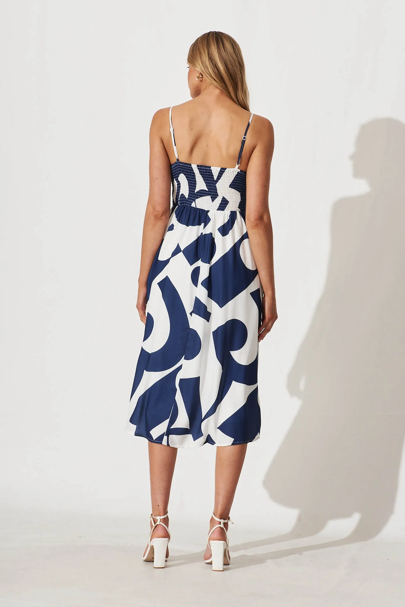 Cordelia Midi Sundress In White With Navy Swirl Linen Blend sold by St Frock product image thumbnail 4