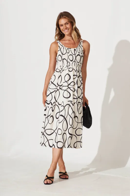 Caribbean Midi Dress In Cream With Black Swirl Linen Blend sold by St Frock