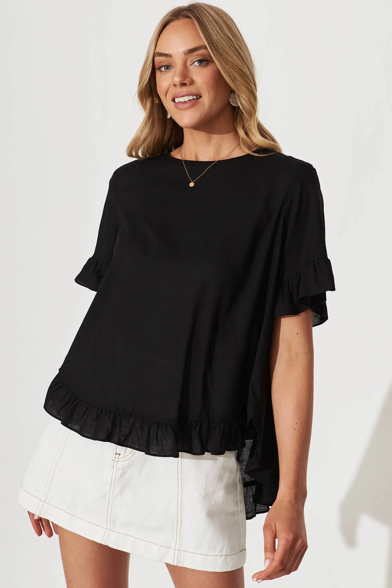 Carmeline Smock Top In Black Linen Blend sold by St Frock