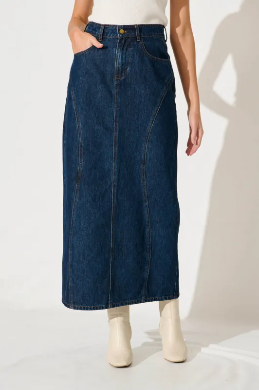 Jagger Maxi Denim Skirt In Dark Blue Wash sold by St Frock