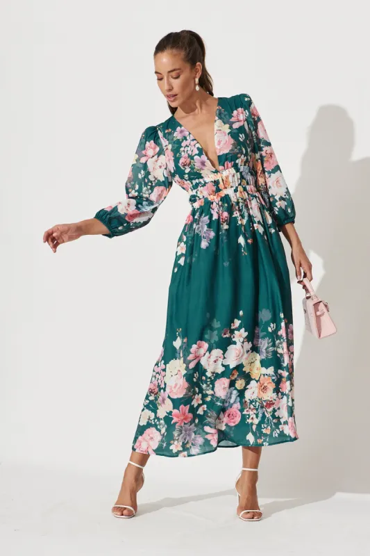 Camie Maxi Dress In Teal With Orange Floral sold by St Frock