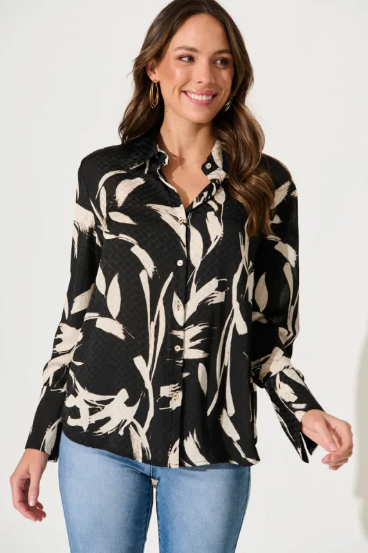 Marcela Shirt In Black With White Brushstroke Print sold by St Frock