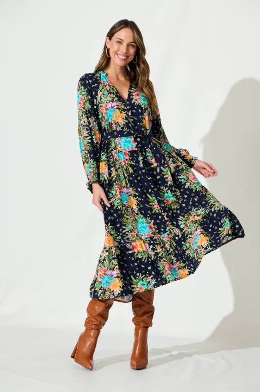 Frangipane Midi Dress In Navy With Multi Tropical Print sold by St Frock