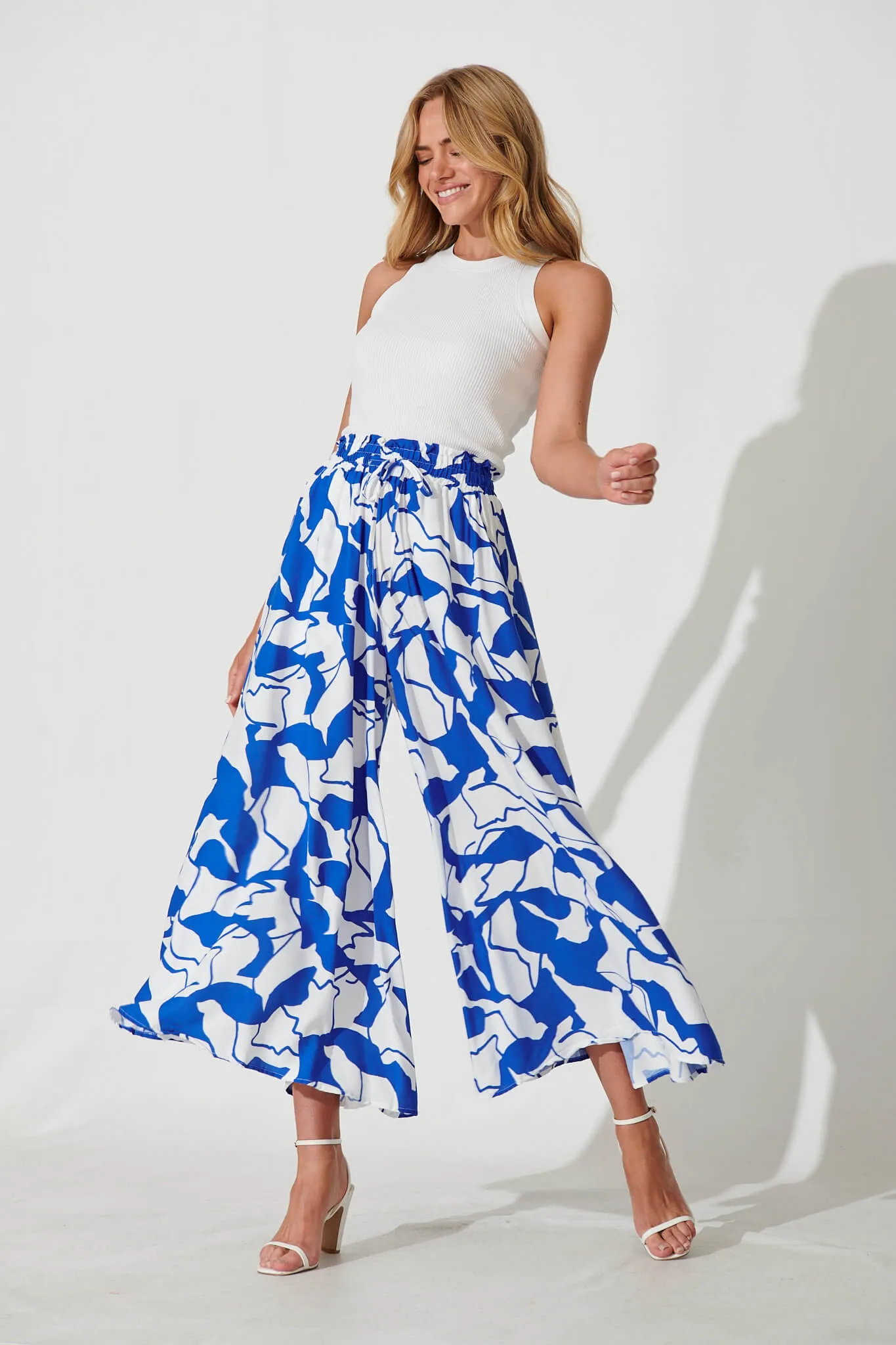 Mariah Petite Pant In White With Cobalt Print sold by St Frock