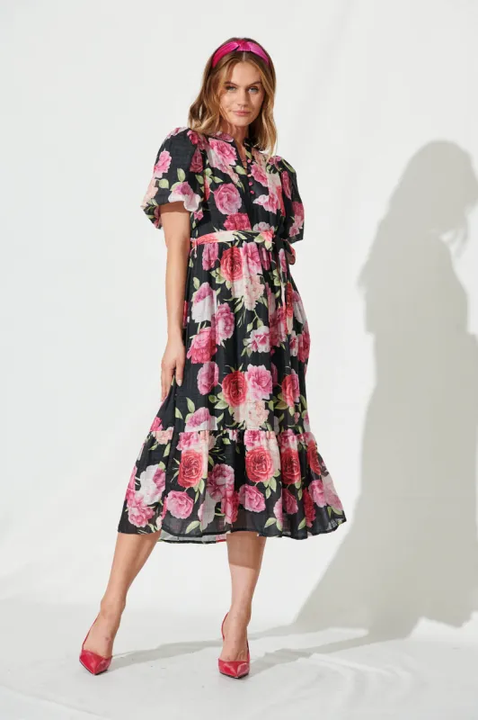 Portofino Midi Dress In Black And Pink Floral sold by St Frock