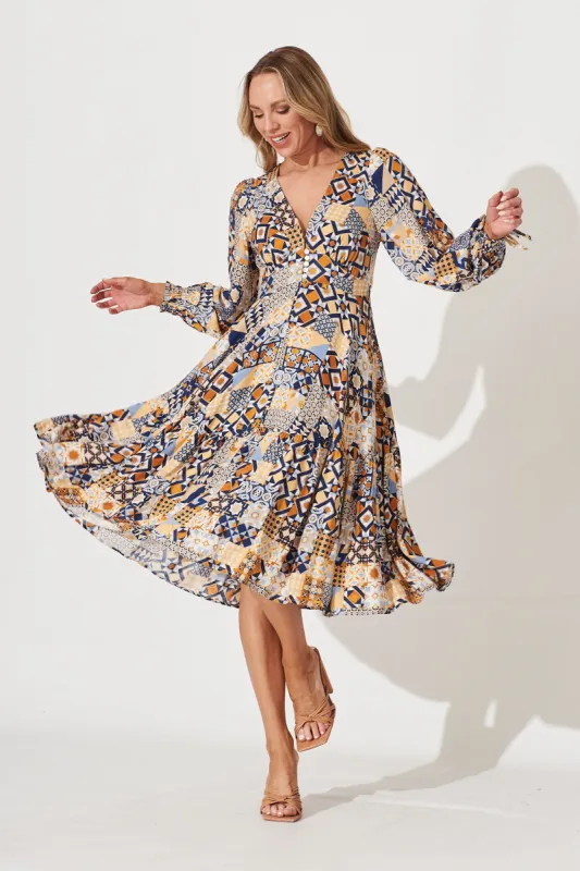Harper Midi Dress In Blue Tile Print sold by St Frock