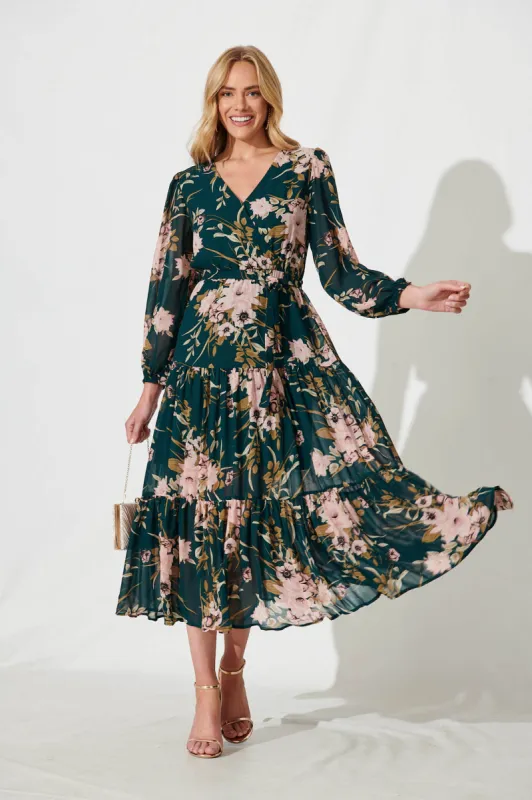 Alexis Maxi Dress In Emerald With Pink Floral Chiffon sold by St Frock