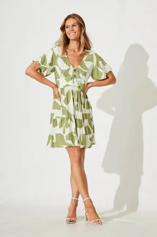 Julieta Dress In Olive And Cream Geometric Print sold by St Frock
