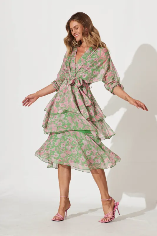 Jenner Midi Dress In Green With Pink Floral Chiffon sold by St Frock